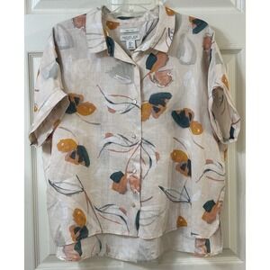 Rachel Zoe 100% Linen Floral Print Button Up Collared Shirt LG Peach EUC